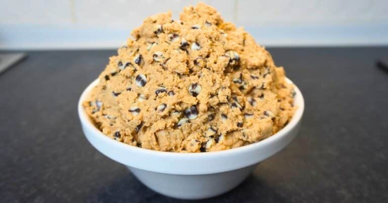 No bake chocolate chip cookie dough in a bowl on the counter top